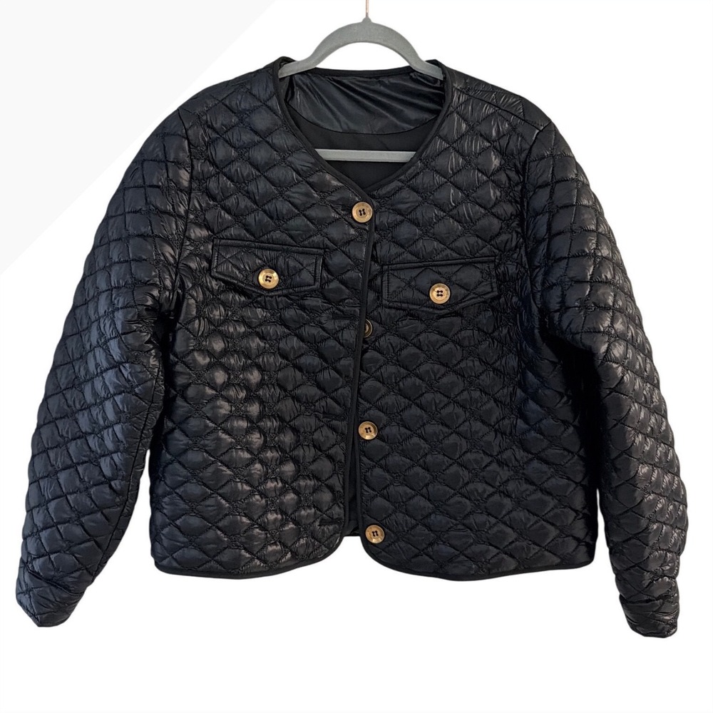Black Quilted Puffer Jacket Gold Button Crew Neck Lightweight Coat Large